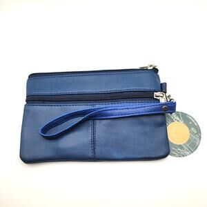 Blue Leather Wristlet Clutch Pouch Zip Top Minimalist Soft NWT Small Basics
